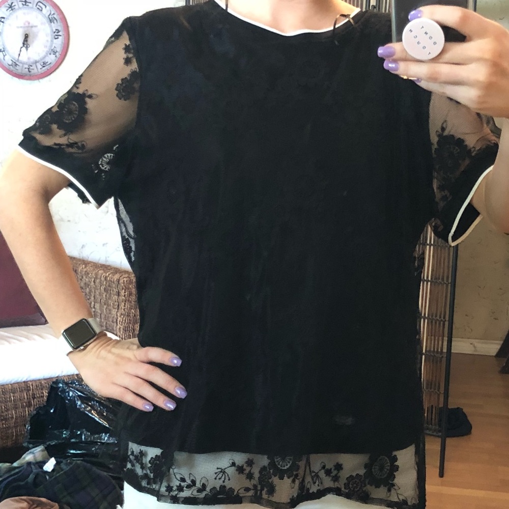 Vince Camuto Black Double Layer Lace Top